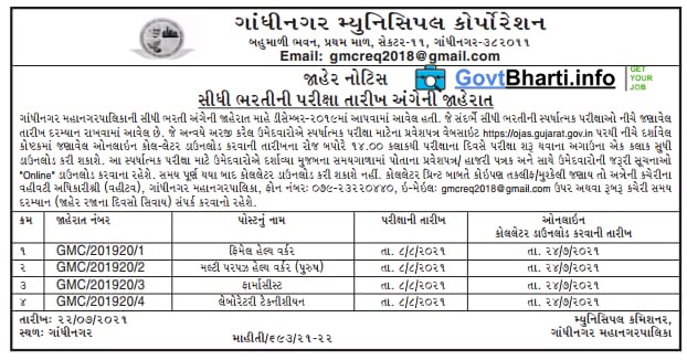 Gandhinagar municipal corporation Exam date declarer and syllabus for MPHW, FHW, Lab Tech, Pharmacist